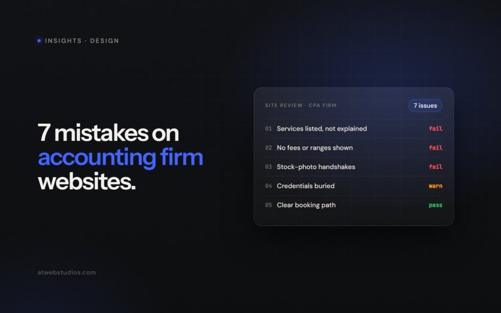 Website review of an accounting firm site listing common design mistakes