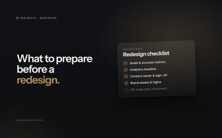 Website redesign preparation checklist covering goals, analytics, content owner and brand assets