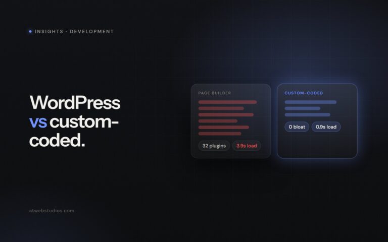 Side-by-side comparison of a plugin-heavy WordPress page builder and a lean custom-coded website